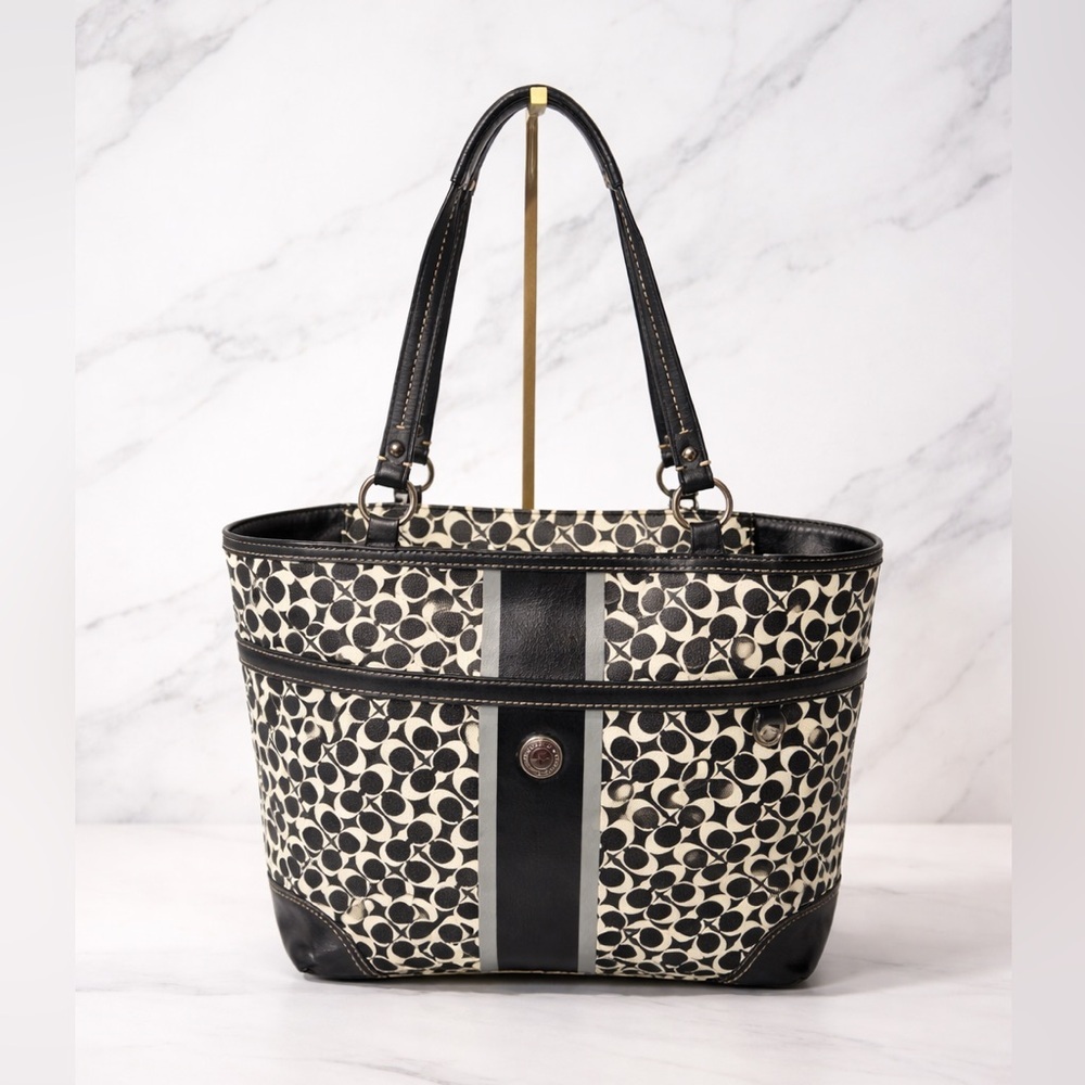 🖤 Coach Chelsea Heritage Stripe Signature Tote F15137 Black White